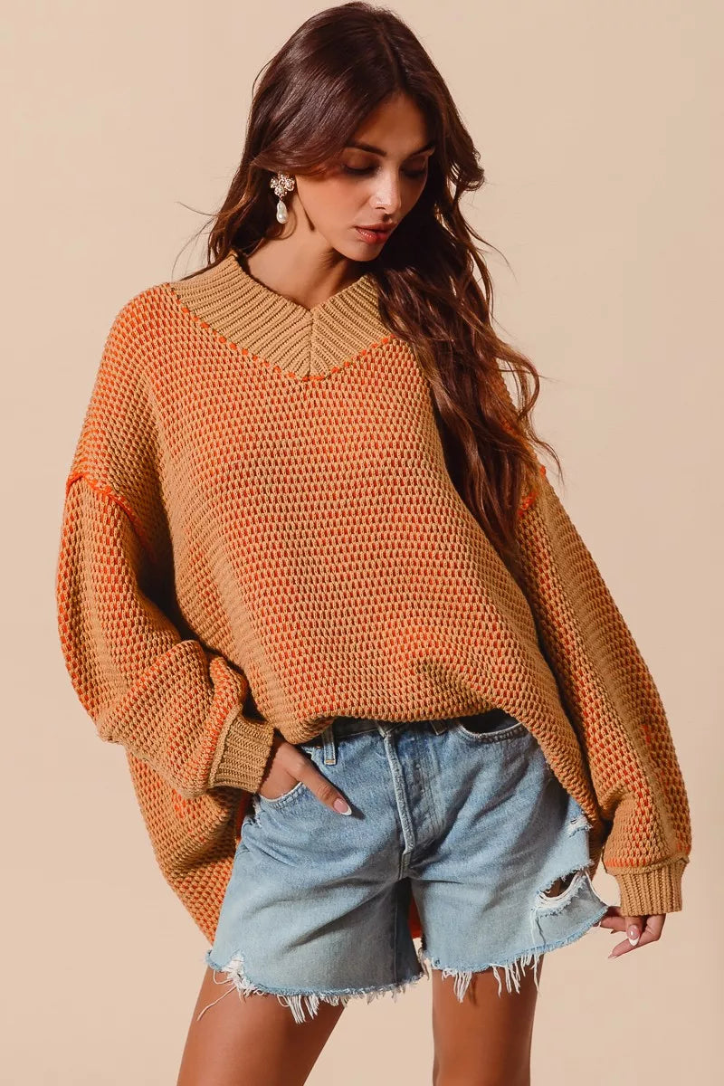 SO ME Oversized Two Tone Textured V Neck Sweater - Farnelli