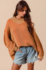 SO ME Oversized Two Tone Textured V Neck Sweater - Farnelli