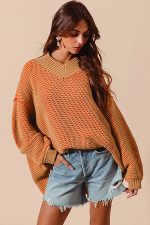 SO ME Oversized Two Tone Textured V Neck Sweater - Farnelli