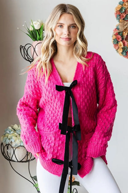 First Love Tie Closure Open Knit Cardigan - Farnelli