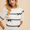 Annie Wear Striped Bow Round Neck Knit Top - White