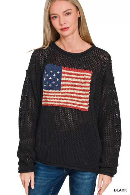 Zenana American Flag Crew Neck Sweater - Farnelli