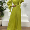 Pleated Mock Neck Long Sleeve Maxi Dress - Yellow-green