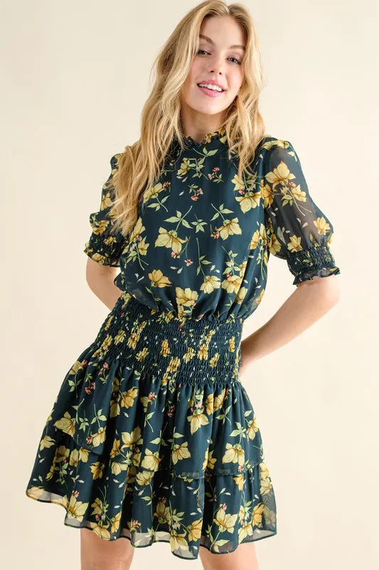 And The Why Floral Print Smocked Waist Mini Dress - Farnelli