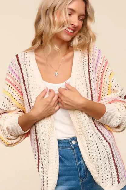 Haptics Full Size Striped Crochet Open Front Cardigan - Farnelli