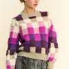 Davi & Dani Checkered Round Neck Long Sleeve Sweater - Purple Multi