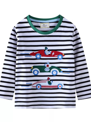 Children's Racing Car Embroidered Striped Long Sleeve T-Shirt - Farnelli