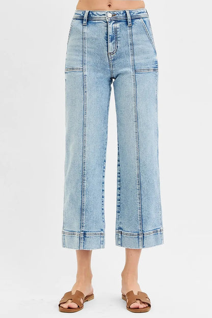 RISEN Full Size High Rise Crop Wide Front Seam Detailed Jeans Plus Size - Farnelli
