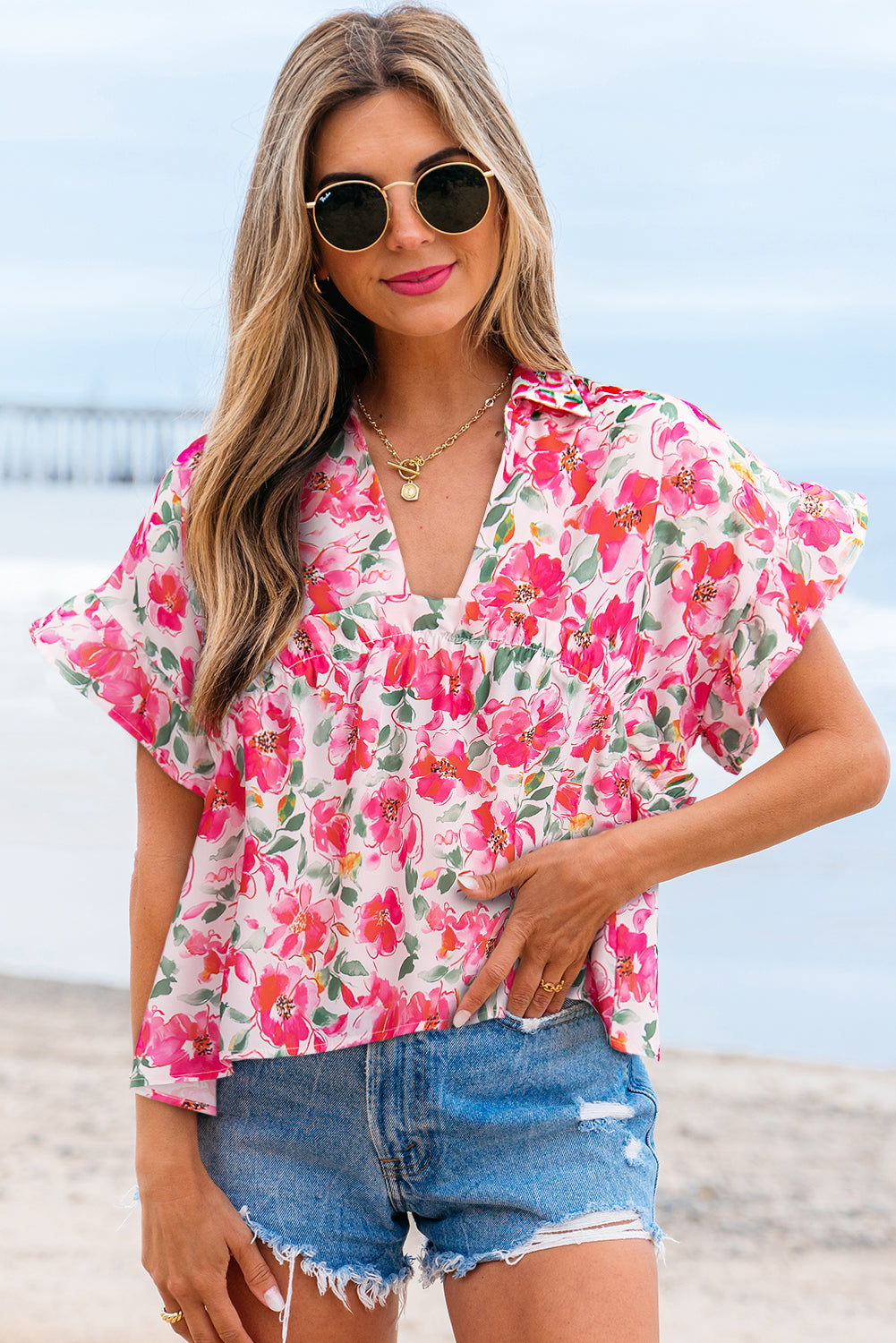Zoya Floral Ruffled Short Sleeve Blouse - Farnelli