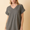 Mittoshop Full Size V-Neck Rolled Short Sleeve T-Shirt - Charcoal