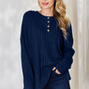 Basic Bae Full Size Ribbed Half Button Long Sleeve High-Low T-Shirt - Dark Blue