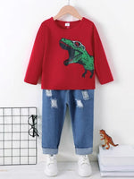 Dinosaur Round Neck Long Sleeve Top and Distressed Pants Set - Farnelli