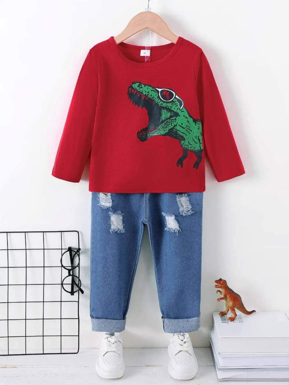 Dinosaur Round Neck Long Sleeve Top and Distressed Pants Set - Farnelli