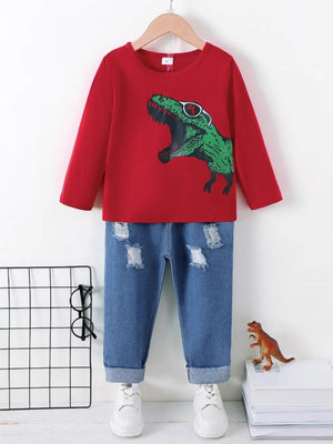 Dinosaur Round Neck Long Sleeve Top and Distressed Pants Set - Farnelli