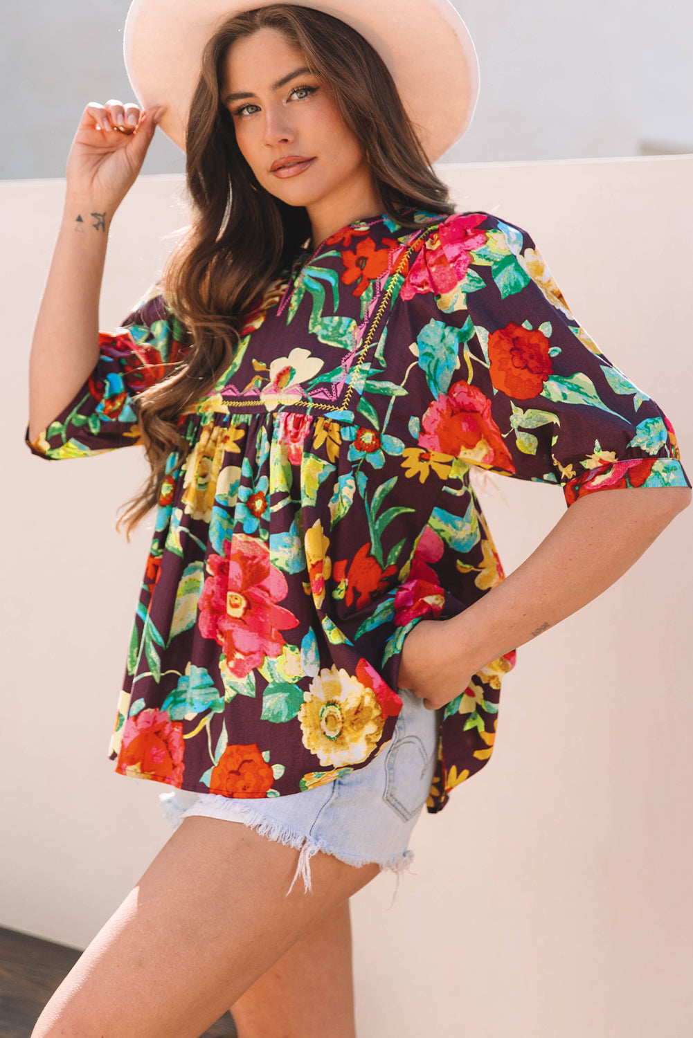 Adhara Flower Embroidered Trim Half Sleeve Blouse - Farnelli