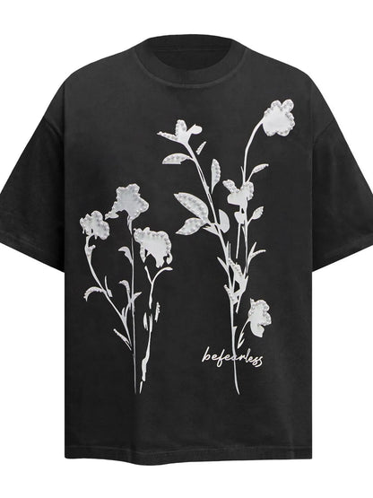 Men's Flower Pearl Detail Oversized Short Sleeve T-Shirt - Farnelli