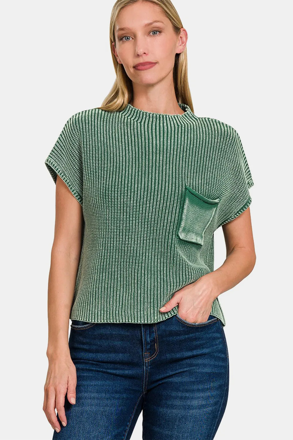 Zenana Washed Mock Neck Short Sleeve Cropped Sweater - Farnelli