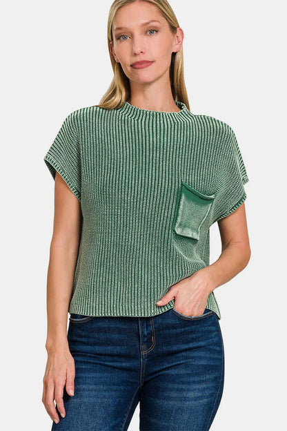 Zenana Washed Mock Neck Short Sleeve Cropped Sweater - Farnelli