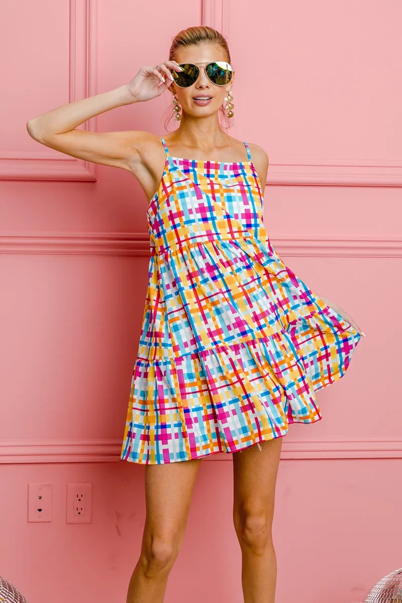 BiBi Multi Colors Plaid Sleeveless Sun Dress - Farnelli