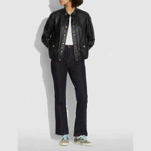 Women’s Black Biker Aviator Sheepskin Shearling Leather Jacket