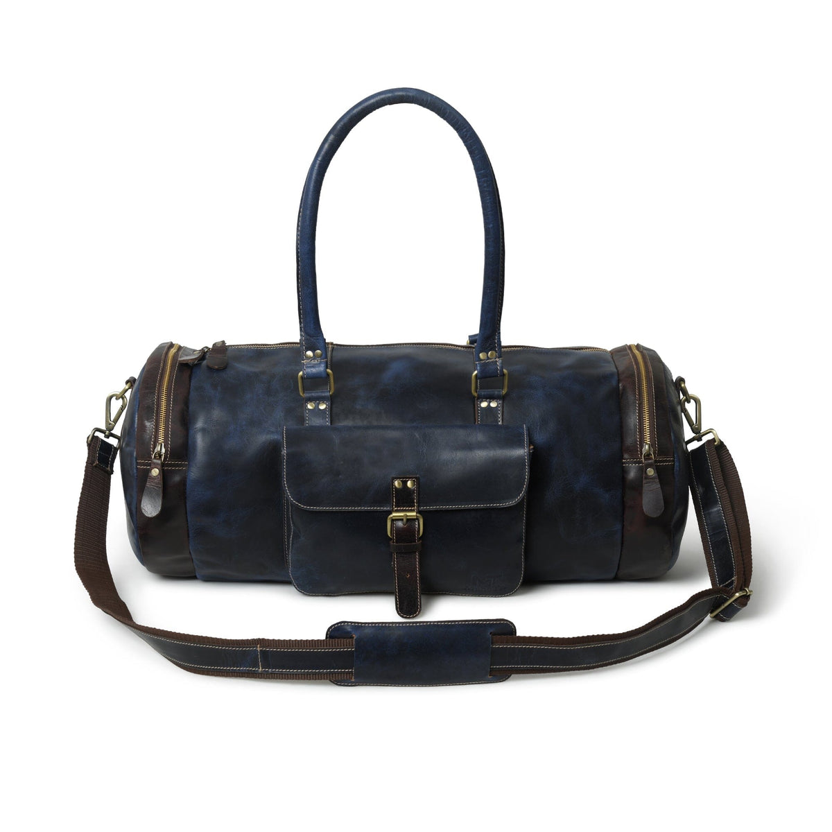 Blue premium duffle bag from Classy Leather Bags with sturdy handles and spacious interior for travel or gym use.
