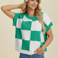 Double Take Full Size Checkered Round Neck Short Sleeve Sweater - Farnelli