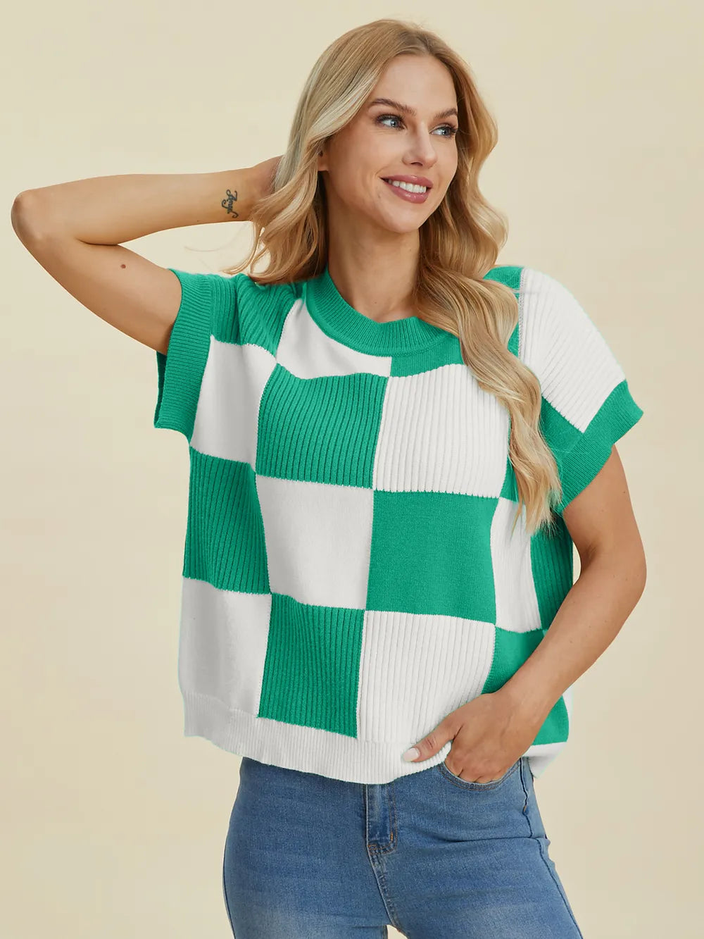 Double Take Full Size Checkered Round Neck Short Sleeve Sweater - Farnelli