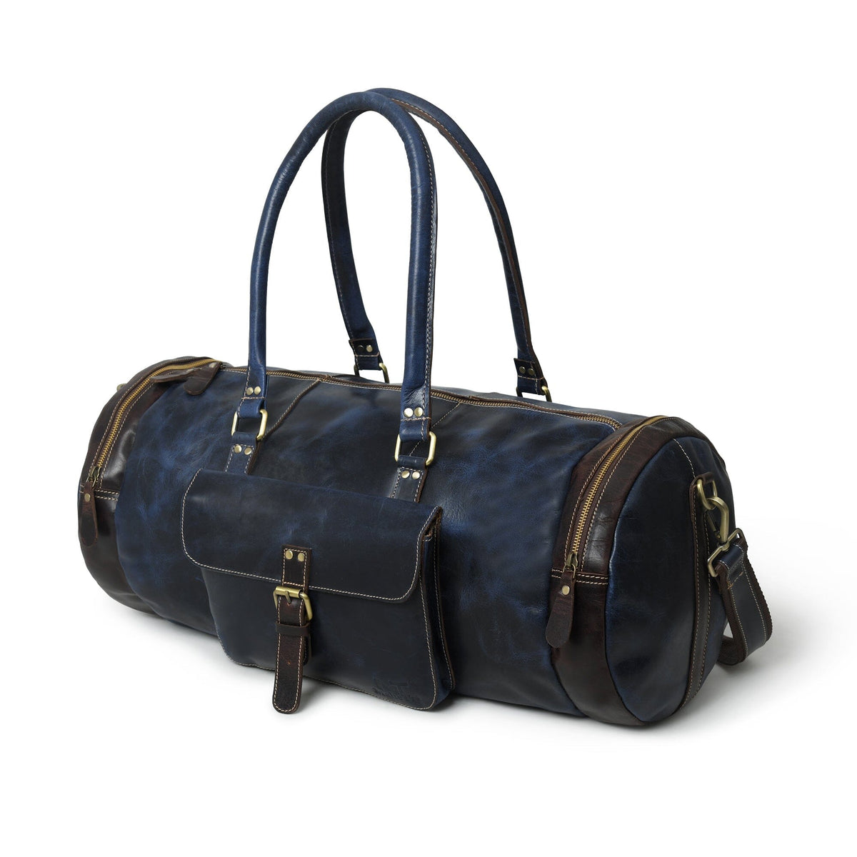 Blue premium duffle bag from Classy Leather Bags with sturdy handles and spacious interior for travel or gym use.