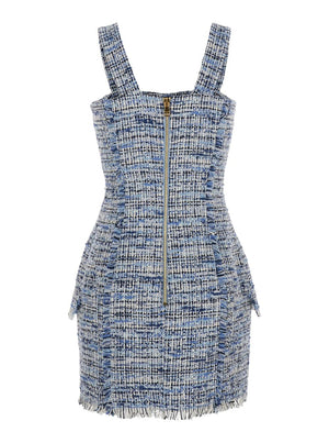 Balmain Women Blue Dress With Frayed Details In Tweed Woman