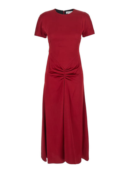 Victoria Beckham Women Red Crewneck Midi Dress With Gathered Waist And Rear Zip Closure In Viscose Blend Woman