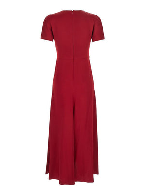 Victoria Beckham Women Red Crewneck Midi Dress With Gathered Waist And Rear Zip Closure In Viscose Blend Woman