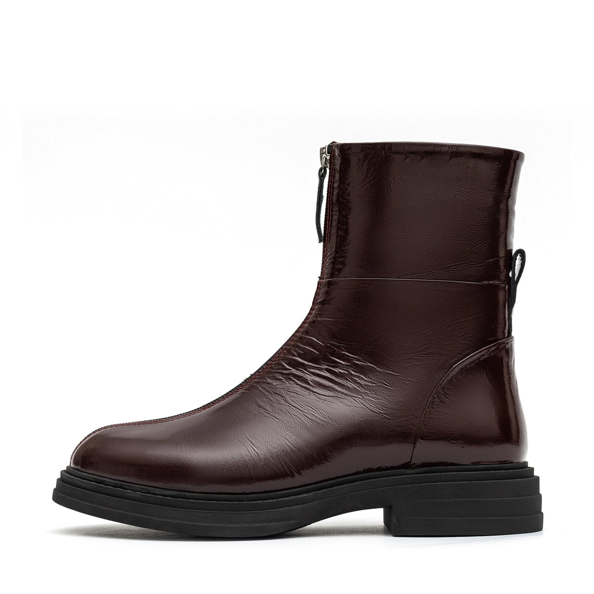 Bordeaux leather zip boots for women by Alaska® Outerwear Company, stylish shoes with side zipper and sleek design.