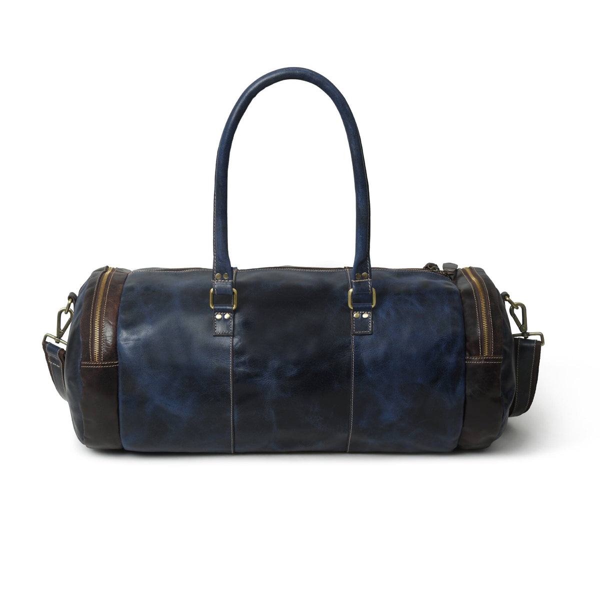 Blue premium duffle bag by Classy Leather Bags with sturdy handles and spacious interior for travel and gym use.