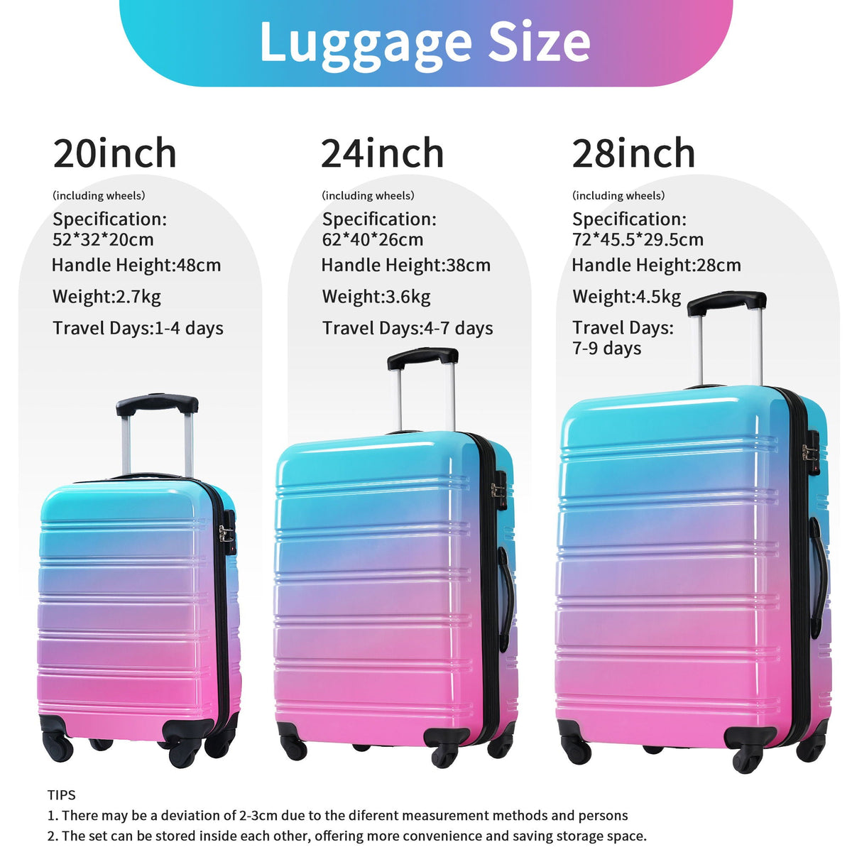HouseOfZazla gradient color hardshell luggage set in light blue or purple with spinner wheels and TSA lock