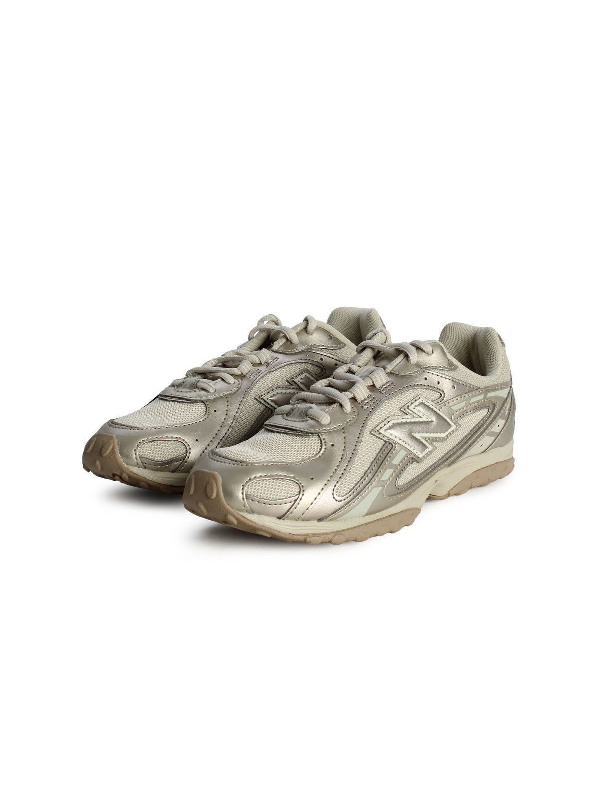 New Balance women's 204L light bronze footwear, showing the stylish design and metallic gold accents.