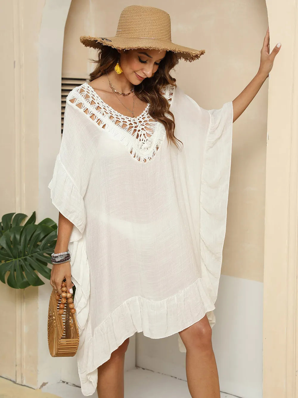 Cutout Ruffled Half Sleeve Cover-Up - Farnelli