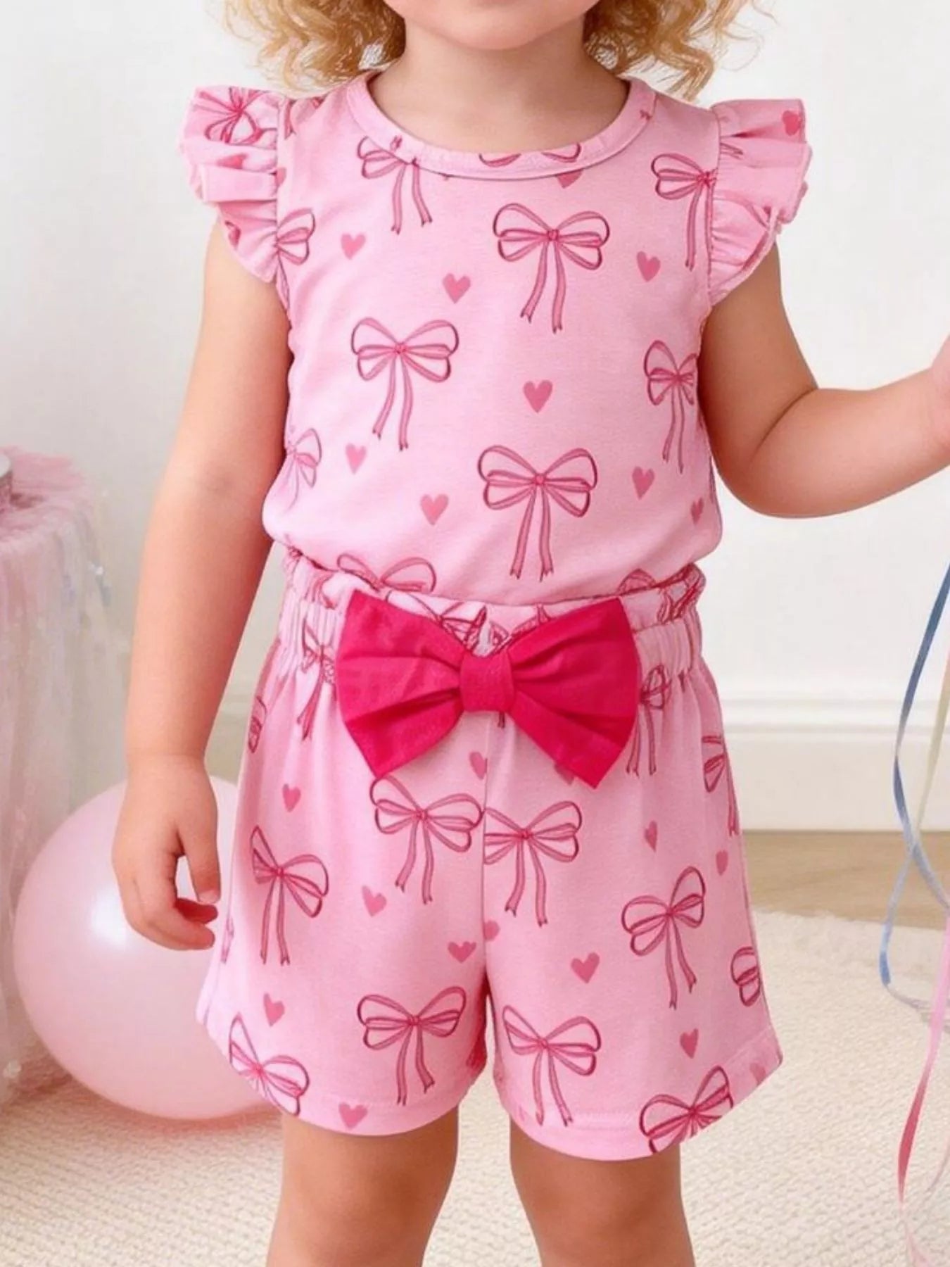Children's Bowknot Ruffle Sleeve Top and Shorts Set - Farnelli