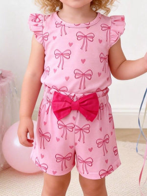Children's Bowknot Ruffle Sleeve Top and Shorts Set - Farnelli