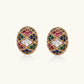 Oval gold-plated stud earrings with multicolor zirconia stones in geometric mosaic pattern
