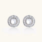 14K gold-plated stud earrings with freshwater pearl center surrounded by baguette-cut crystal halo in sunburst design