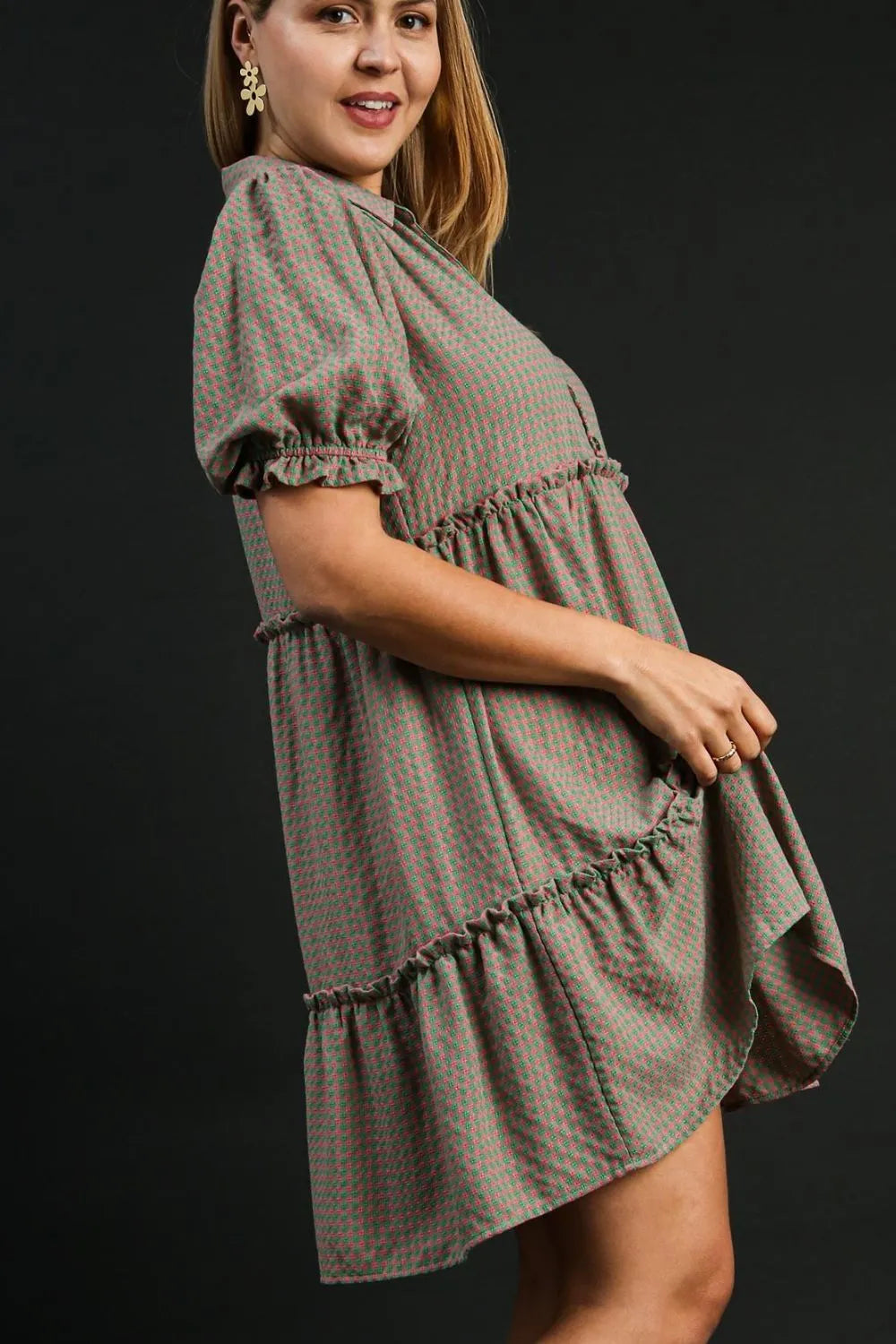Umgee Full Size Plaid Frill Button Detail Ruffled Short Sleeve Dress Plus Size - Farnelli