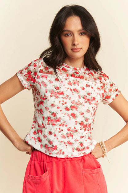 Davi & Dani Ribbon Short Sleeve Layered Mesh Top - Farnelli