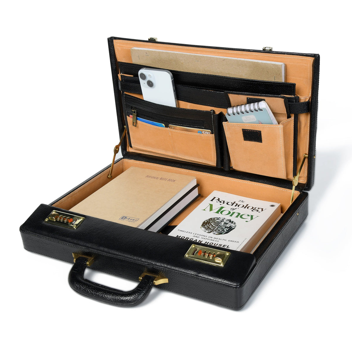 Black leather office suitcase briefcase by Classy Leather Bags with sturdy handles and multiple compartments for professional use.