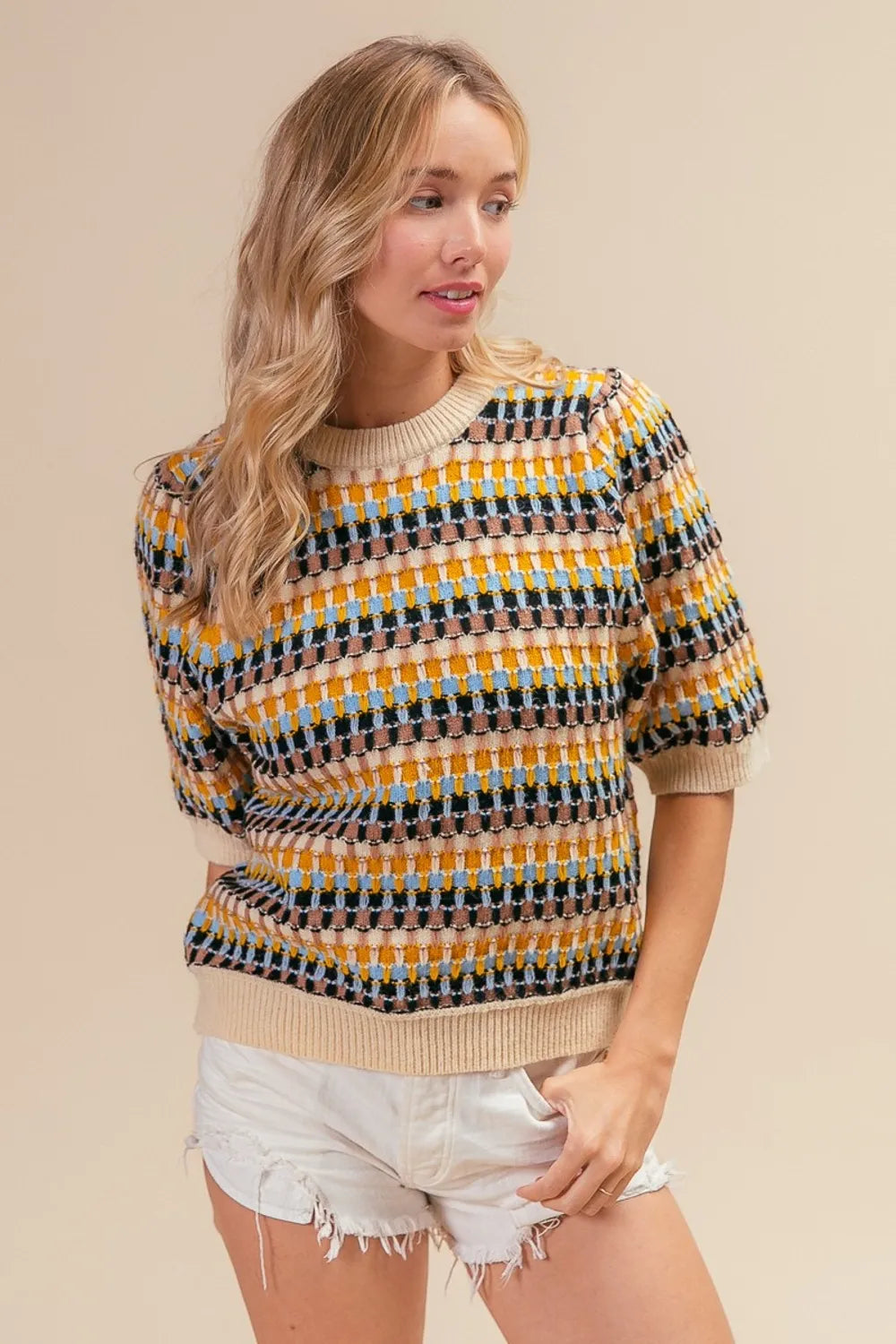 BiBi Multi Color Half Sleeve Sweater - Farnelli