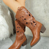 Western Cutout Pattern Block Heel Boots - Brown Leather