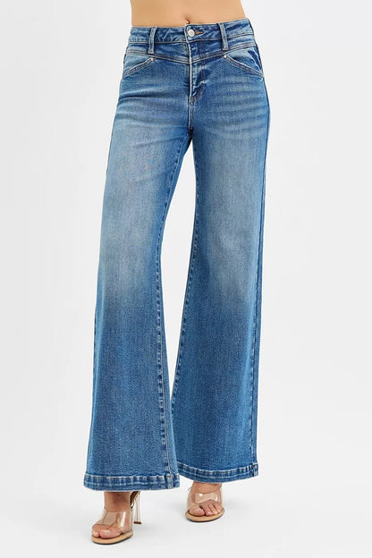 RISEN High Rise Wide Leg Jenas with Front Yoke and Heart Back Pocket - Farnelli