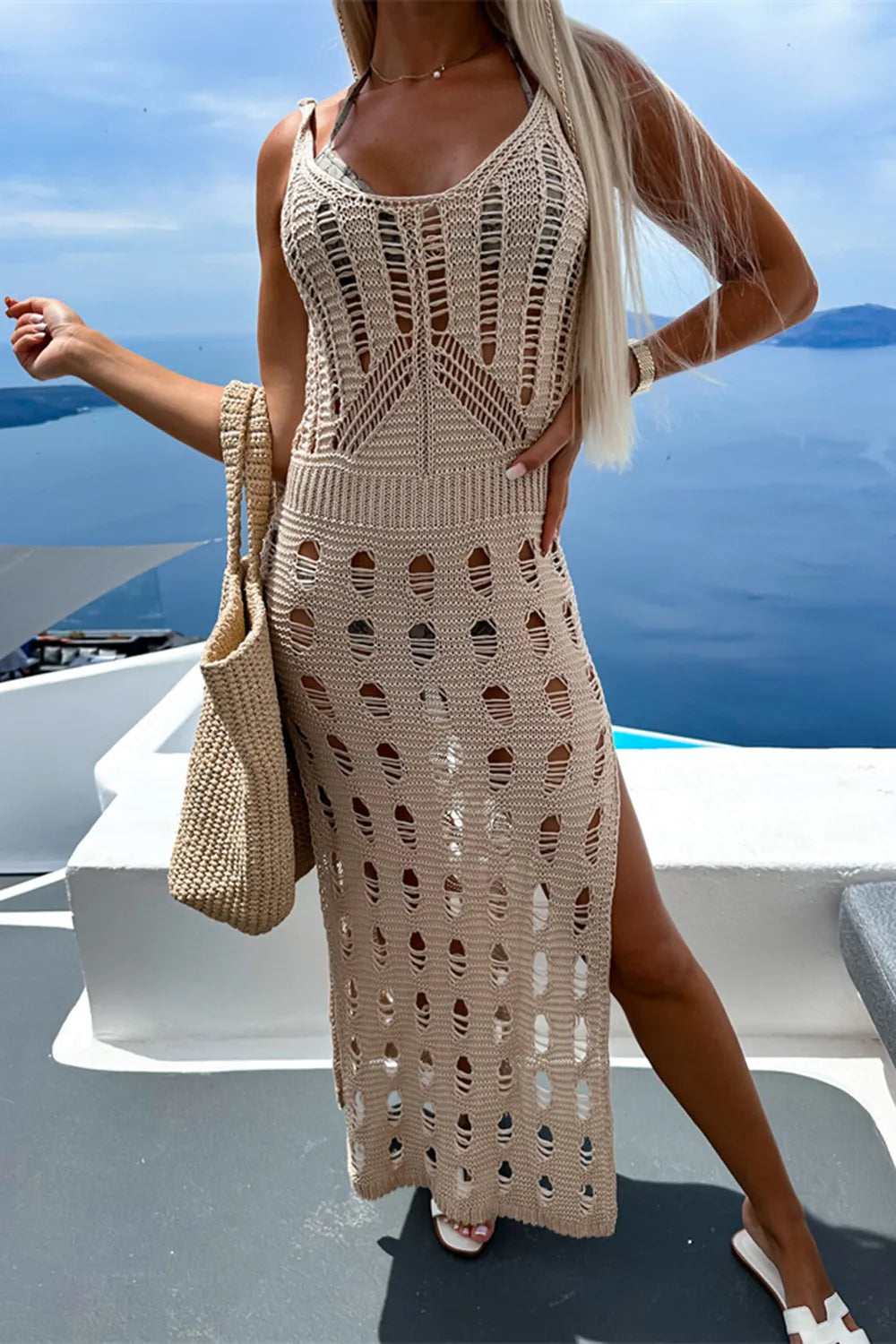 Openwork Slit Scoop Neck Sleeveless Cover Up - Farnelli
