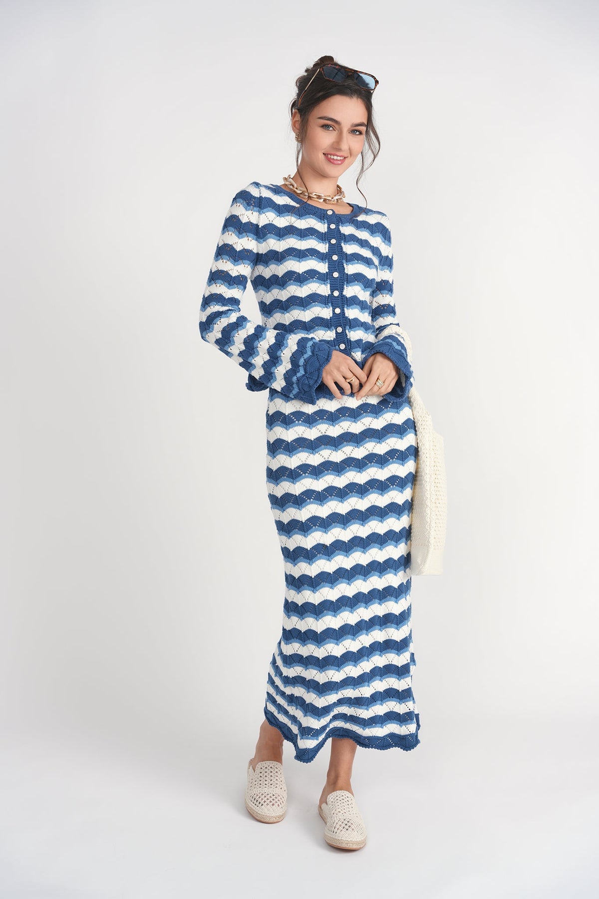 Blue Making Waves crochet skirt by Adina Las Vegas, featuring intricate crochet pattern and flowing design.