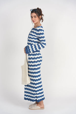 Blue Making Waves crochet skirt by Adina Las Vegas, detailed floral pattern, lightweight fabric, and high-waisted fit.