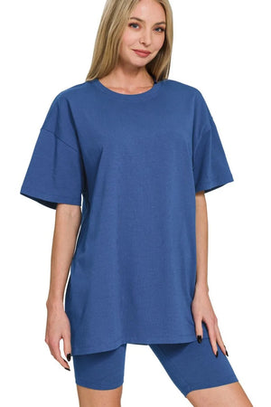 Zenana Cotton Round Neck Top & Biker Shorts - Farnelli